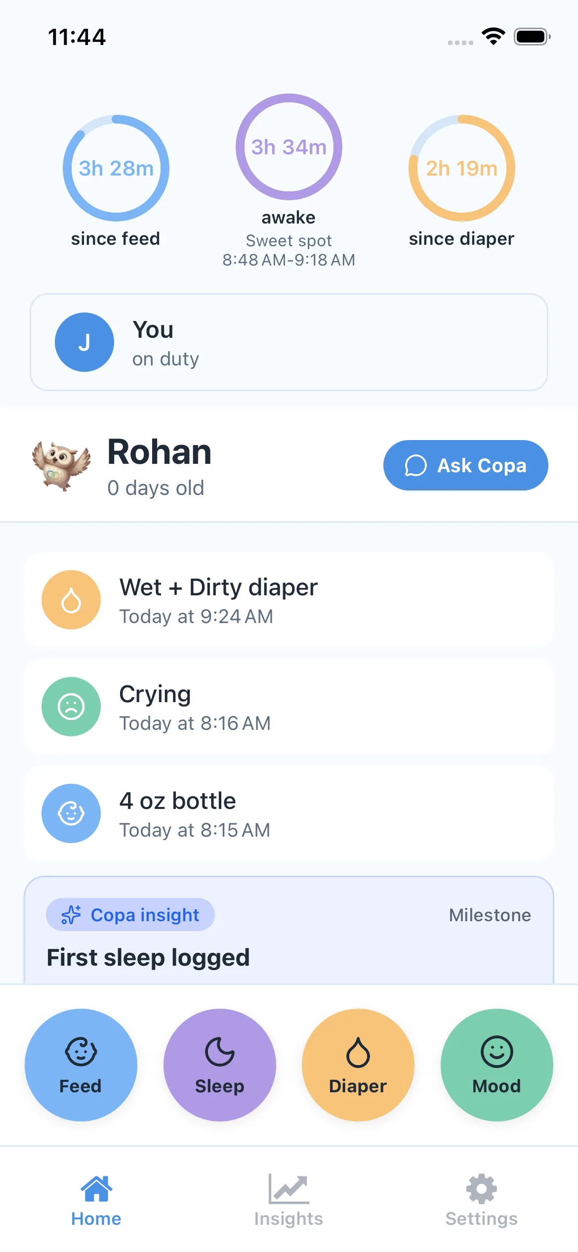 Copa home screen with activity timeline and quick log actions
