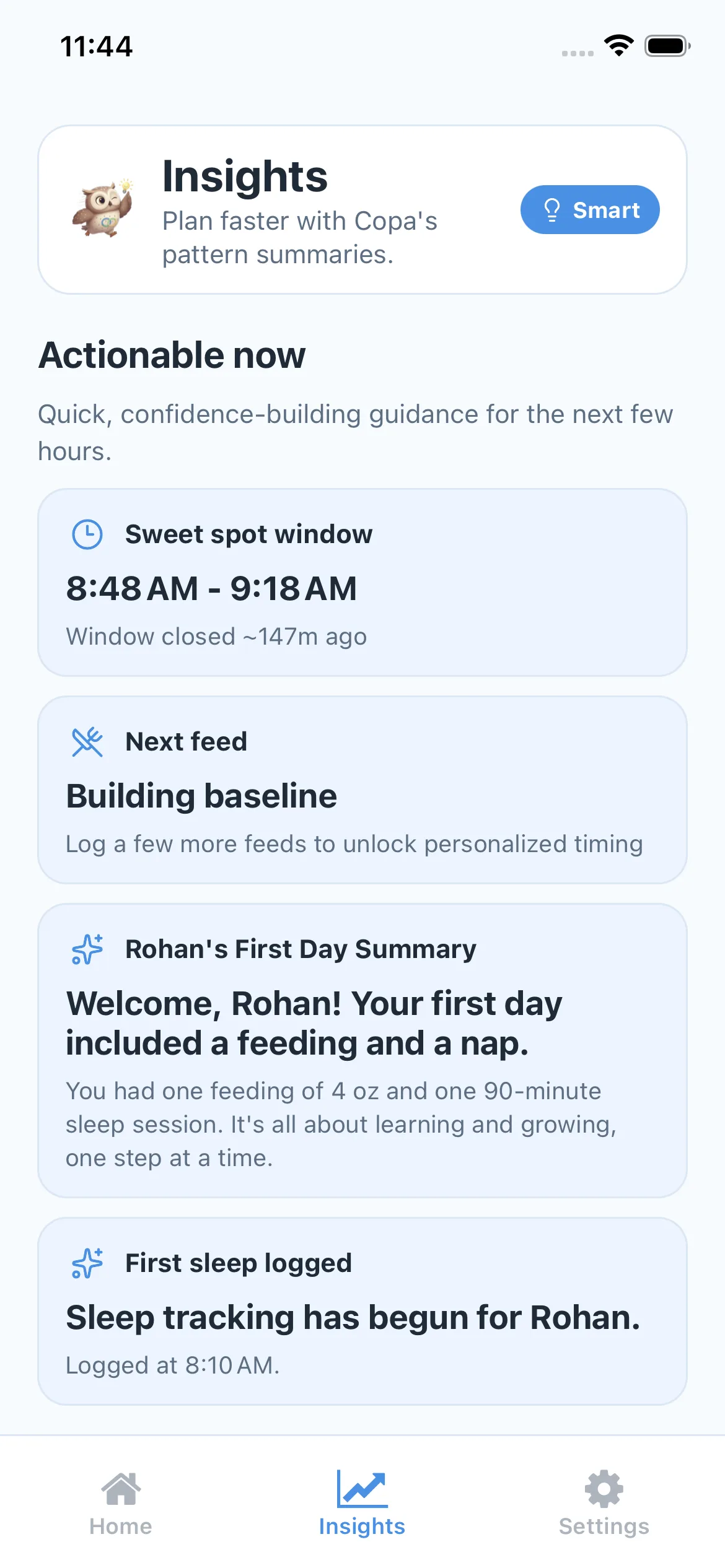 Copa insights screen with trend cards and recommendations