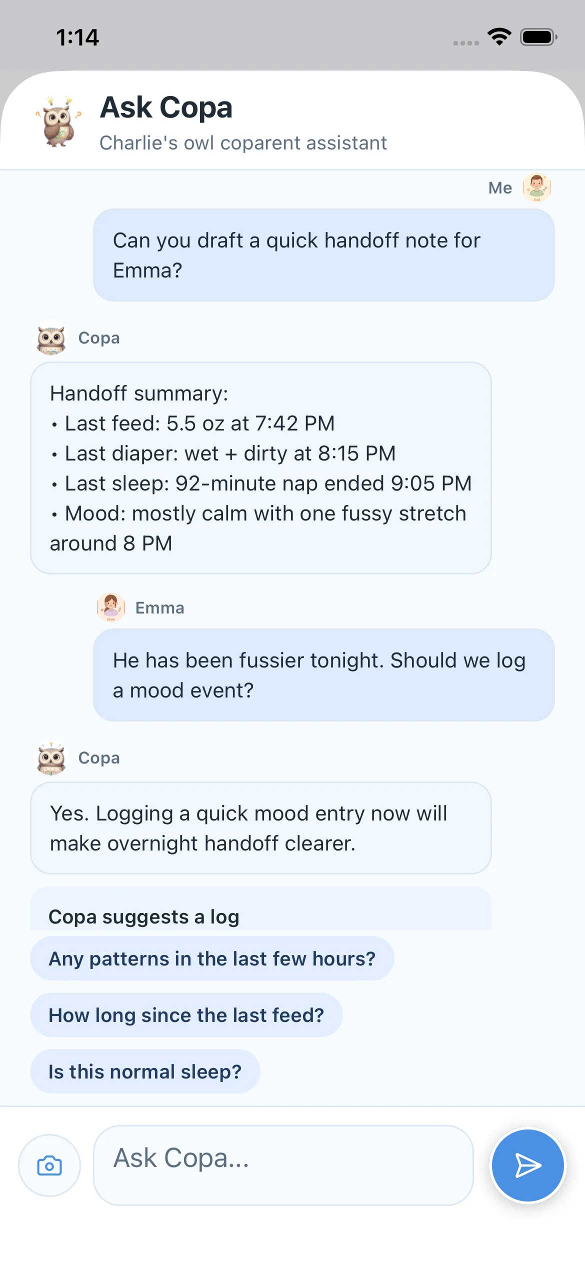 Copa chat interface showing Copa assistant guidance and caregiver messages