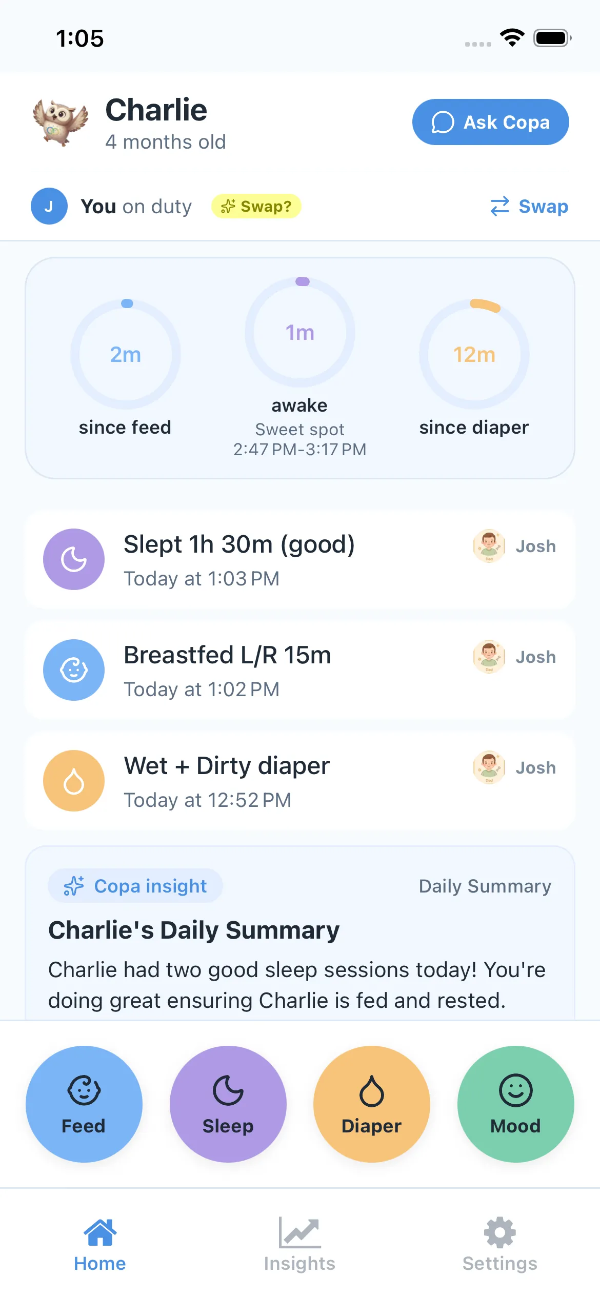 Copa dashboard with live timeline, duty state, and quick log actions