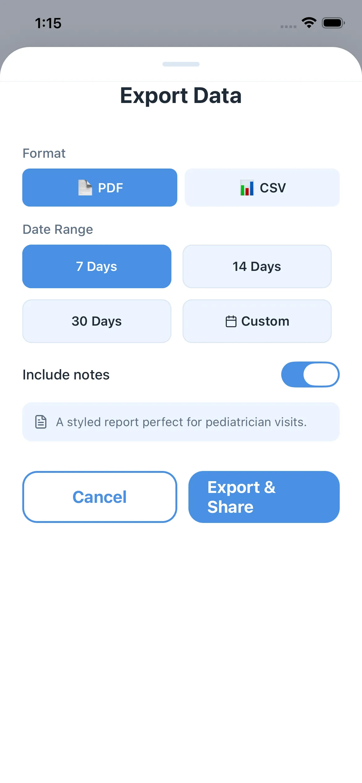 Copa export data sheet with PDF and CSV options