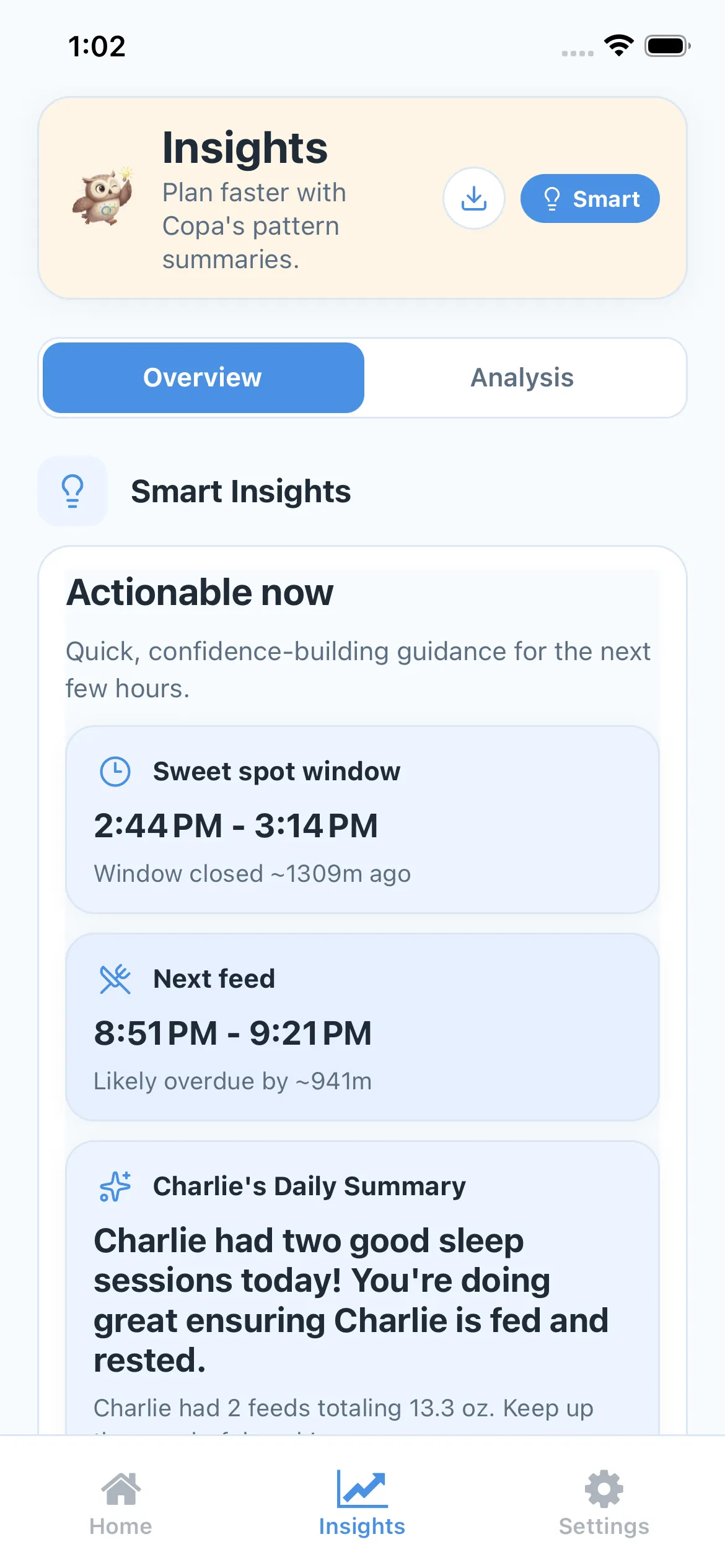 Copa insights screen with trend cards and recommendations