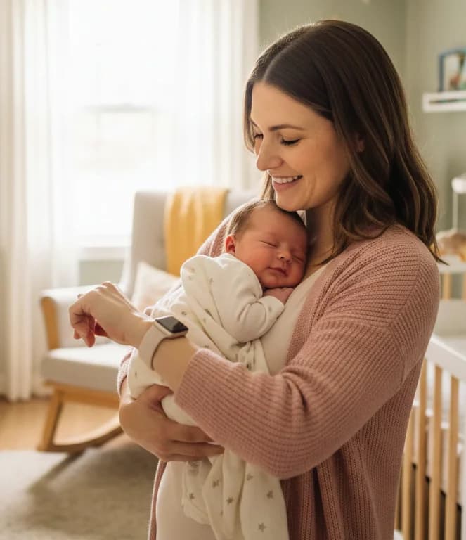Parent holding a sleeping newborn while using a smartwatch to log a care event